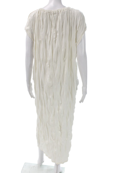 Zara Women Maxi White Crinkle Short Sleeve Round Neck Full Length Dress Size L