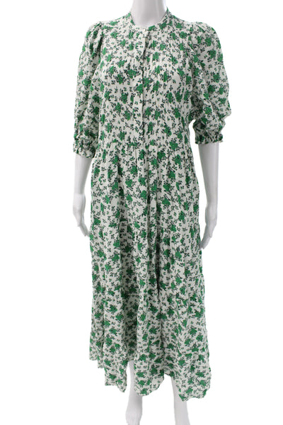 Zara Women Maxi Dress Green Floral Collared Button 3/4 Sleeve Viscose Size XS