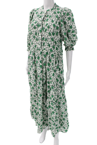Zara Women Maxi Dress Green Floral Collared Button 3/4 Sleeve Viscose Size XS