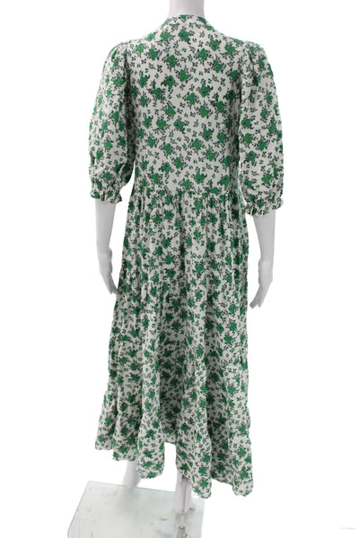 Zara Women Maxi Dress Green Floral Collared Button 3/4 Sleeve Viscose Size XS