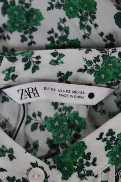 Zara Women Maxi Dress Green Floral Collared Button 3/4 Sleeve Viscose Size XS