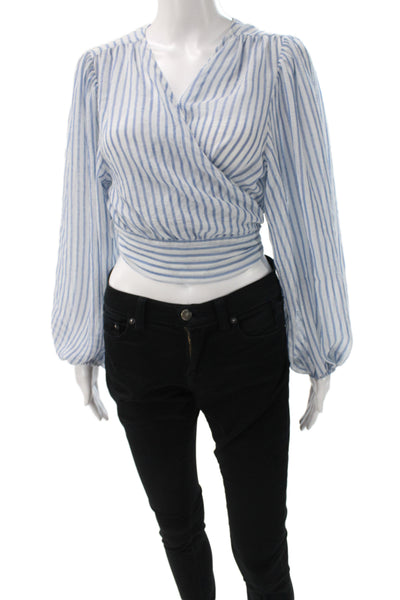 Banana Republic Women Cropped Blue Striped V-Neck Tie Blouse Size L Petite