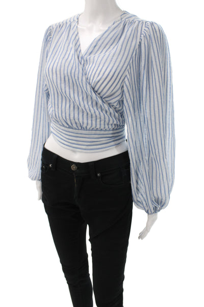 Banana Republic Women Cropped Blue Striped V-Neck Tie Blouse Size L Petite