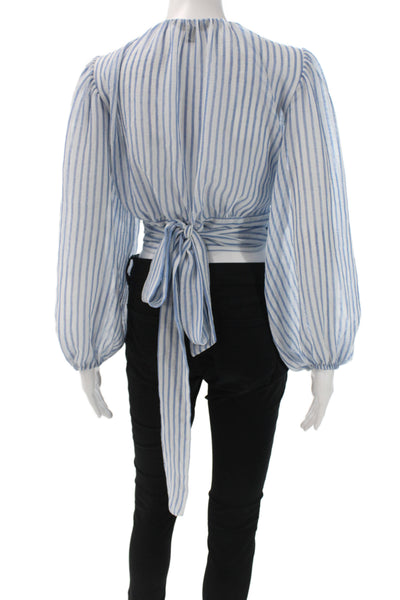 Banana Republic Women Cropped Blue Striped V-Neck Tie Blouse Size L Petite