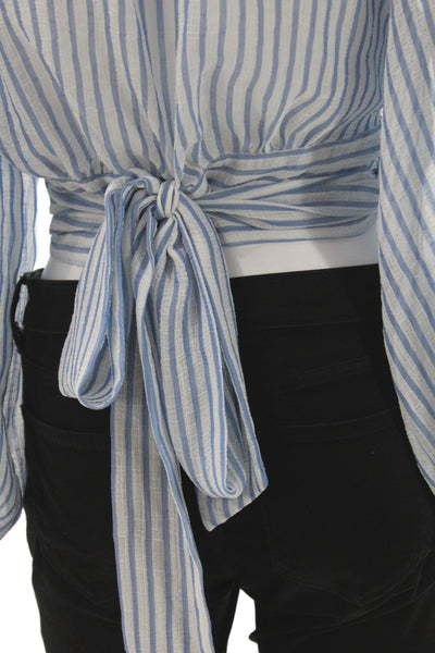 Banana Republic Women Cropped Blue Striped V-Neck Tie Blouse Size L Petite
