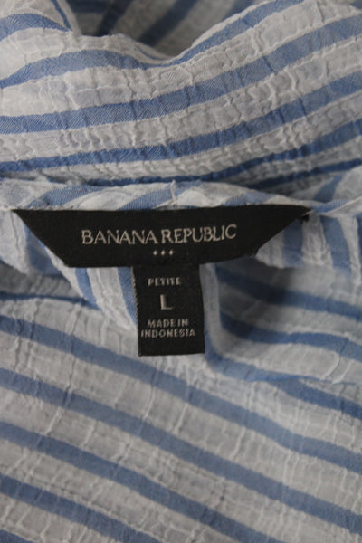 Banana Republic Women Cropped Blue Striped V-Neck Tie Blouse Size L Petite