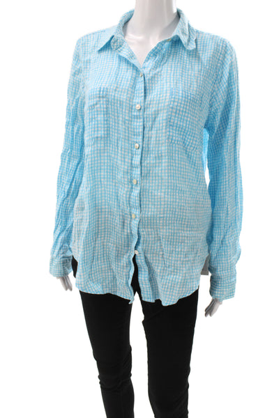 Lilly Pulitzer Women Blue Check Collared Linen Button-Up Long Sleeve Size M