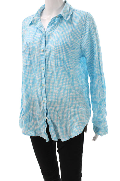 Lilly Pulitzer Women Blue Check Collared Linen Button-Up Long Sleeve Size M