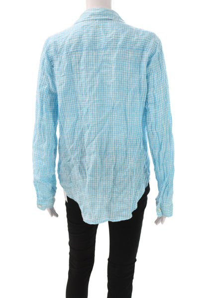 Lilly Pulitzer Women Blue Check Collared Linen Button-Up Long Sleeve Size M