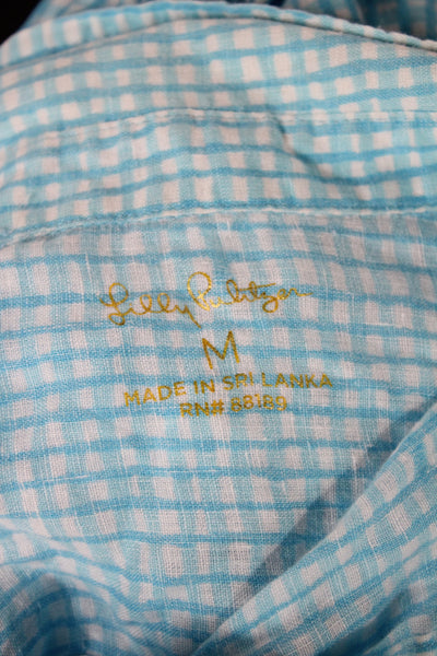 Lilly Pulitzer Women Blue Check Collared Linen Button-Up Long Sleeve Size M