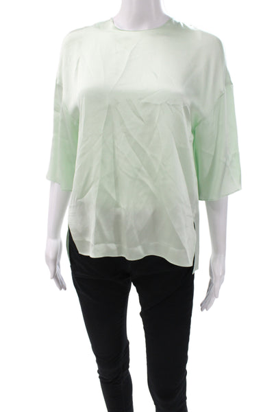 Vince Womens Silk Short Sleeve Blouse Green Zip Round Neck Size XS