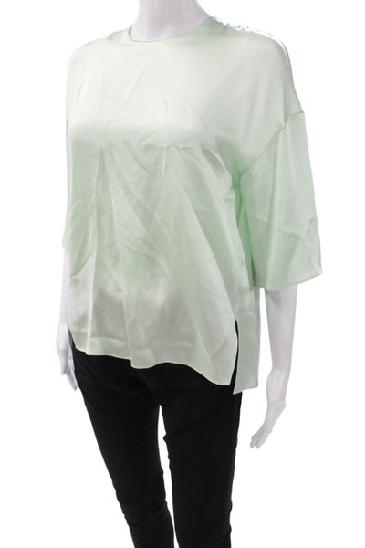 Vince Womens Silk Short Sleeve Blouse Green Zip Round Neck Size XS