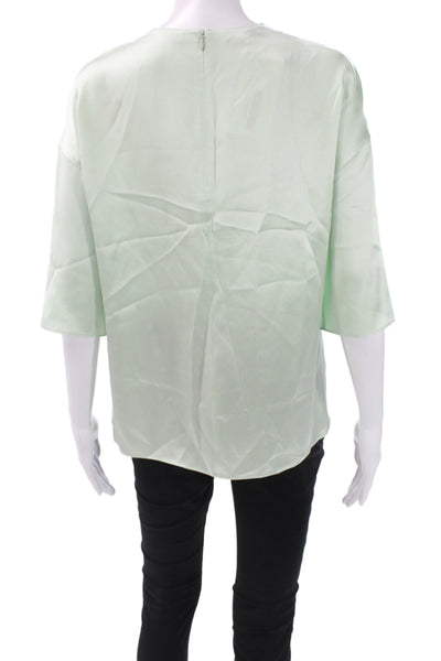 Vince Womens Silk Short Sleeve Blouse Green Zip Round Neck Size XS