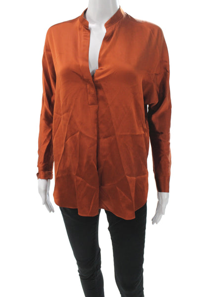 Vince Women 100% Silk Orange V-Neck Long Sleeve Basic Blouse Size 2XS