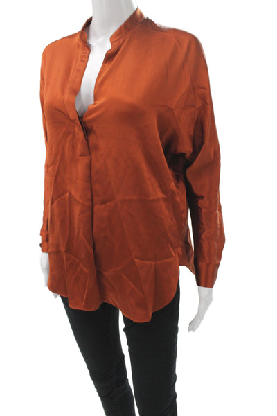 Vince Women 100% Silk Orange V-Neck Long Sleeve Basic Blouse Size 2XS