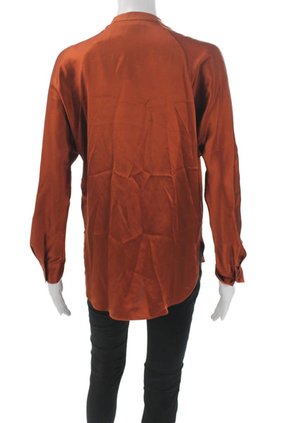 Vince Women 100% Silk Orange V-Neck Long Sleeve Basic Blouse Size 2XS