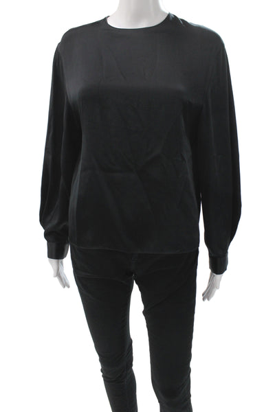 Vince Womens Basic Silk Blouse Black Long Sleeve Round Neck Zip Size XS