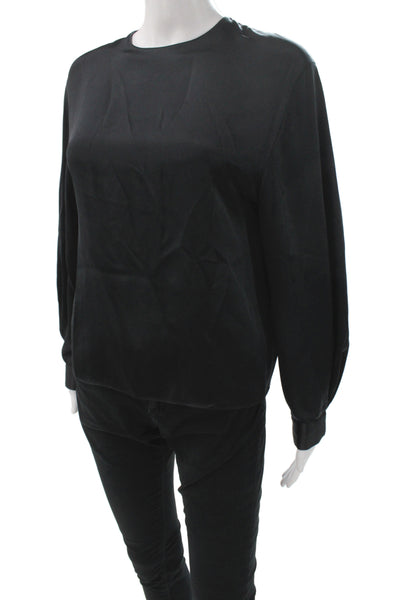 Vince Womens Basic Silk Blouse Black Long Sleeve Round Neck Zip Size XS