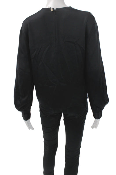 Vince Womens Basic Silk Blouse Black Long Sleeve Round Neck Zip Size XS