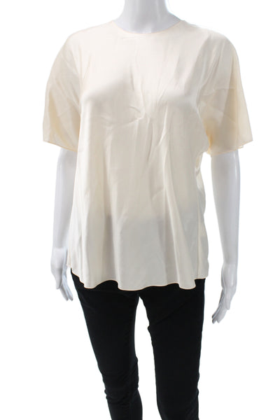 Vince Women Silk Blouse Short Sleeve Round Neck Zip Ivory Size S