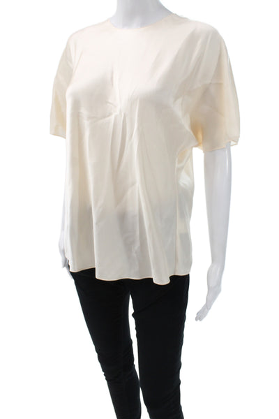 Vince Women Silk Blouse Short Sleeve Round Neck Zip Ivory Size S