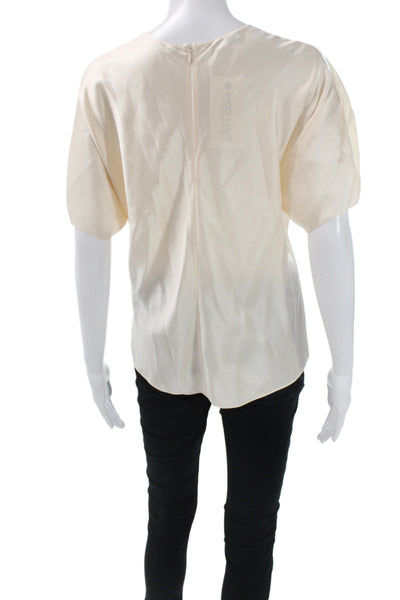 Vince Women Silk Blouse Short Sleeve Round Neck Zip Ivory Size S