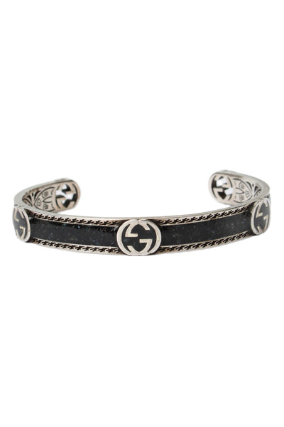 Gucci Womens 925 Silver Black Enamel Interlocking G Logo Cuff Bracelet 20.5g