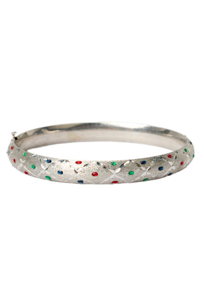 Designer Womens Vintage 925 Silver Enamel Dot Etched Bangle Bracelet 10g