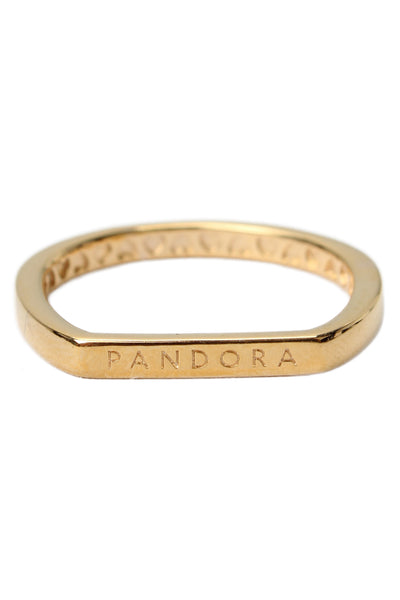 Pandora Womens Gold Tone Logo Bar Stacking Ring Sz 6