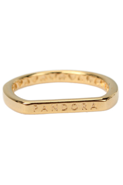 Pandora Womens Gold Tone Logo Bar Stacking Ring Sz 4.5