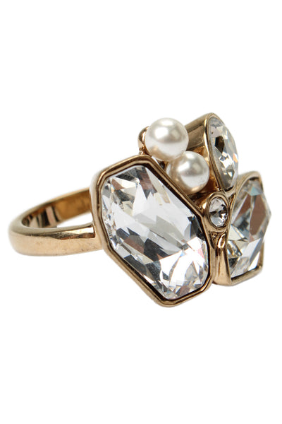 Swarovski x Jason Wu Womens Gold Plated Crystal + Faux Pearl Mosaic Ring Sz 7