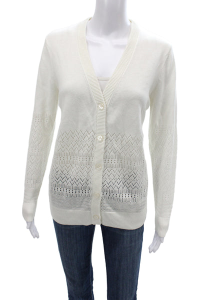 Hatch Women Cardigan V Neck Geometric White Long Sleeve Cotton Blend Size 2