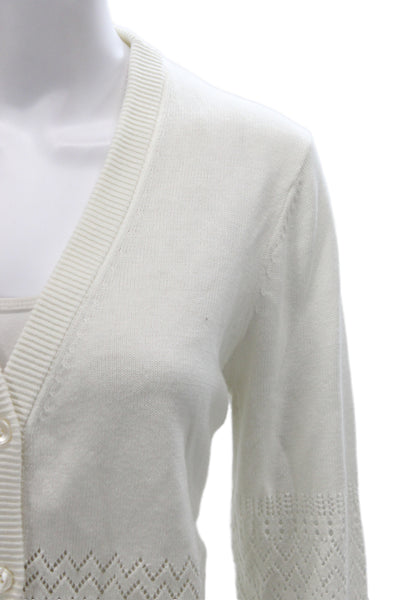Hatch Women Cardigan V Neck Geometric White Long Sleeve Cotton Blend Size 2