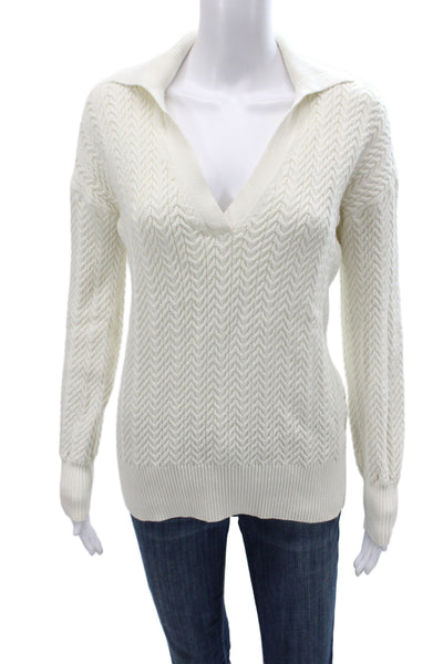Hatch Womens Ivory Herringbone Collared Pullover Sweater Long Sleeve Size 2