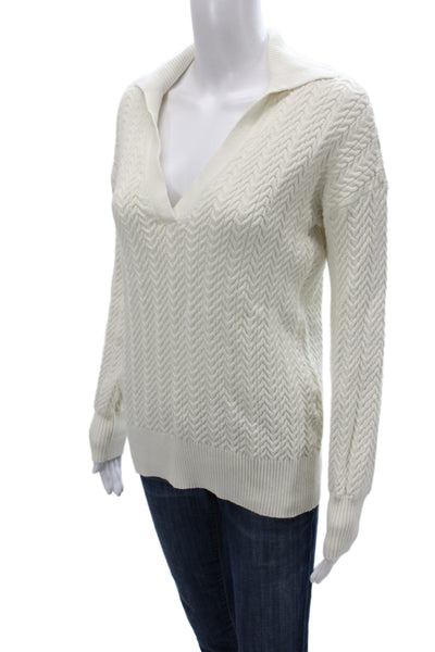 Hatch Womens Ivory Herringbone Collared Pullover Sweater Long Sleeve Size 2