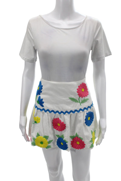 Tibi Womens Floral Cotton Mini Skirt White Zip Size 2