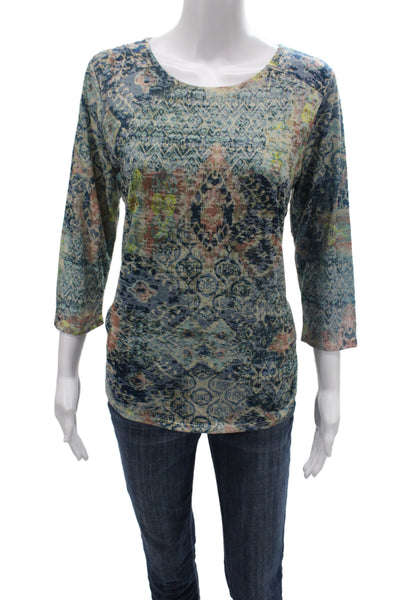 Coldwater Creek Women Jersey T-Shirt Multicolor Geometric 3/4 Sleeve Size PM