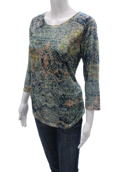 Coldwater Creek Women Jersey T-Shirt Multicolor Geometric 3/4 Sleeve Size PM