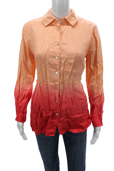 Soft Surroundings Womens Collared Linen Button-Up Long Sleeve Orange Size S