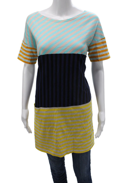 Marimekko Women Beige Striped Boatneck T Shirt Dress Short Sleeve Size M