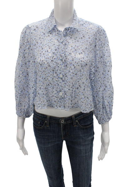 Zara Womens Cropped Floral Blouse Blue 3/4 Sleeve Collared Size S