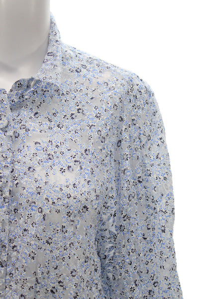 Zara Womens Cropped Floral Blouse Blue 3/4 Sleeve Collared Size S