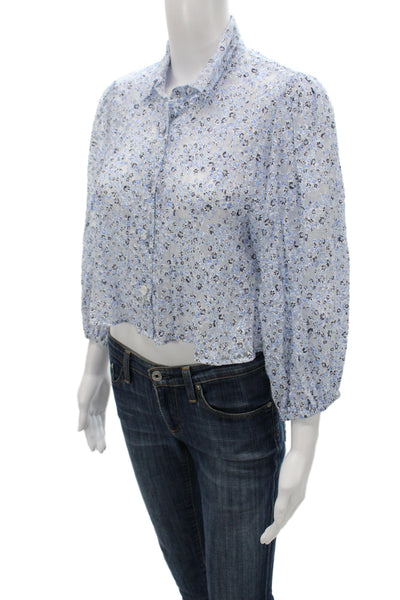Zara Womens Cropped Floral Blouse Blue 3/4 Sleeve Collared Size S