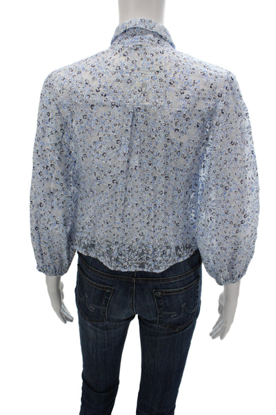 Zara Womens Cropped Floral Blouse Blue 3/4 Sleeve Collared Size S