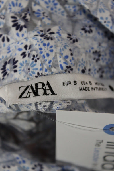 Zara Womens Cropped Floral Blouse Blue 3/4 Sleeve Collared Size S