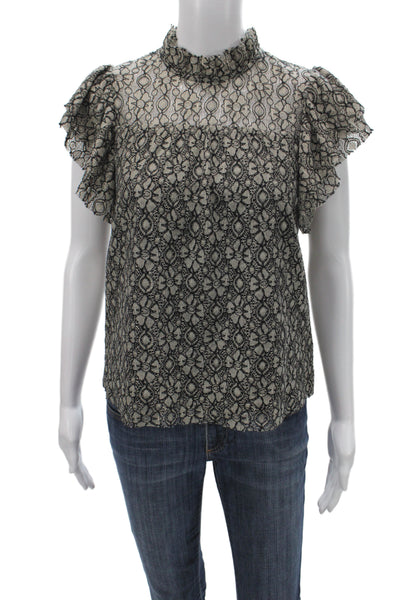Moon River Women Boho Floral Mock Neck Lace Up Short Sleeve Blouse Size S