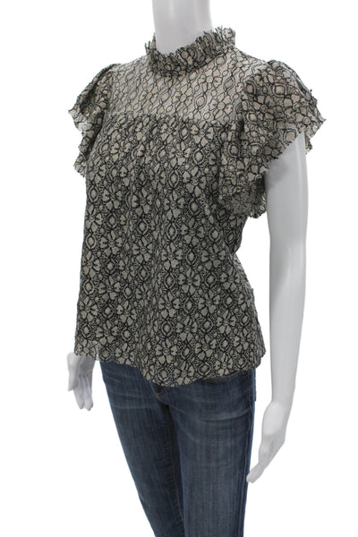 Moon River Women Boho Floral Mock Neck Lace Up Short Sleeve Blouse Size S
