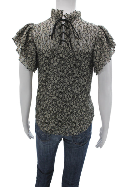 Moon River Women Boho Floral Mock Neck Lace Up Short Sleeve Blouse Size S