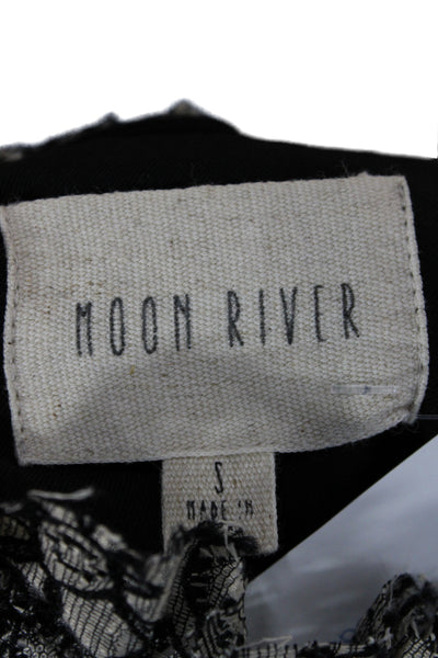 Moon River Women Boho Floral Mock Neck Lace Up Short Sleeve Blouse Size S