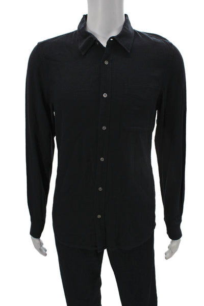 Buck Mason Mens Collar Long Sleeve Button Down Shirt Solid Black Size L